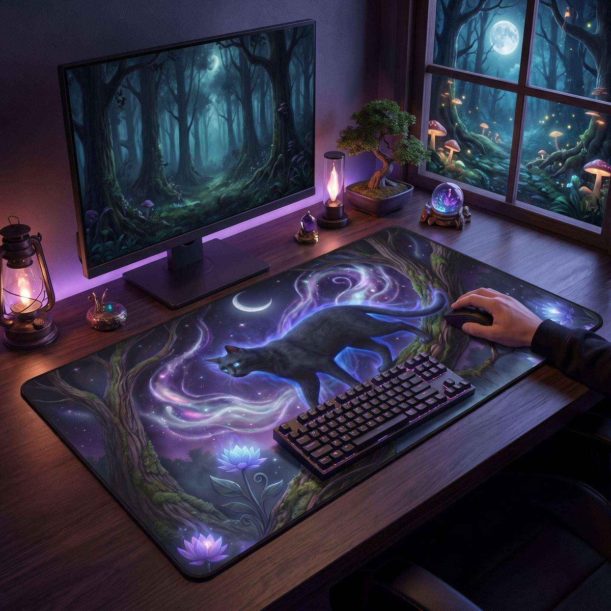 Glowing Black Cat Desk Mat - Dark Academia Gaming Keyboard Mat