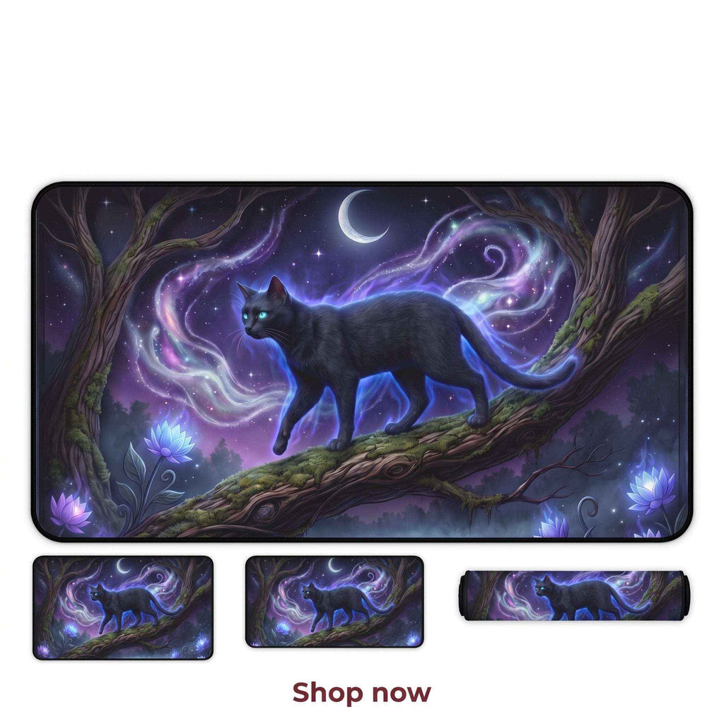 Glowing Black Cat Desk Mat - Dark Academia Gaming Keyboard Mat