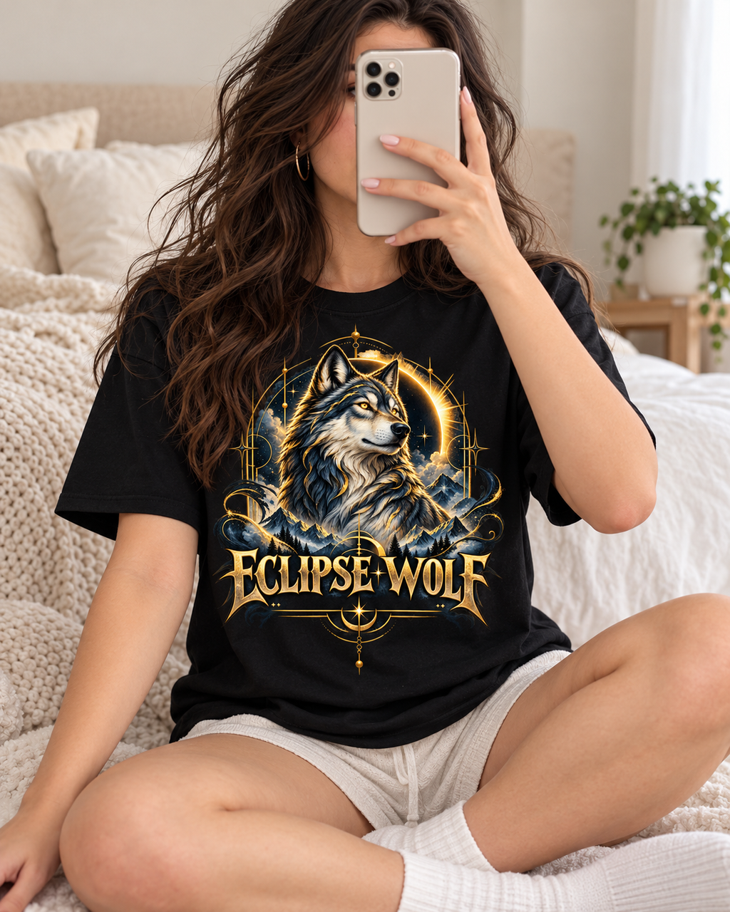 Eclipse Wolf Graphic Tee | Celestial Wolf Streetwear | Gildan 5000