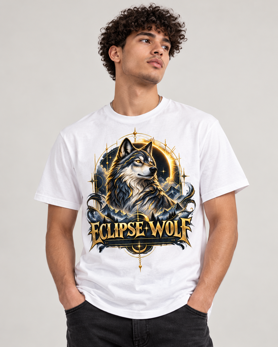 Eclipse Wolf Graphic Tee | Celestial Wolf Streetwear | Gildan 5000