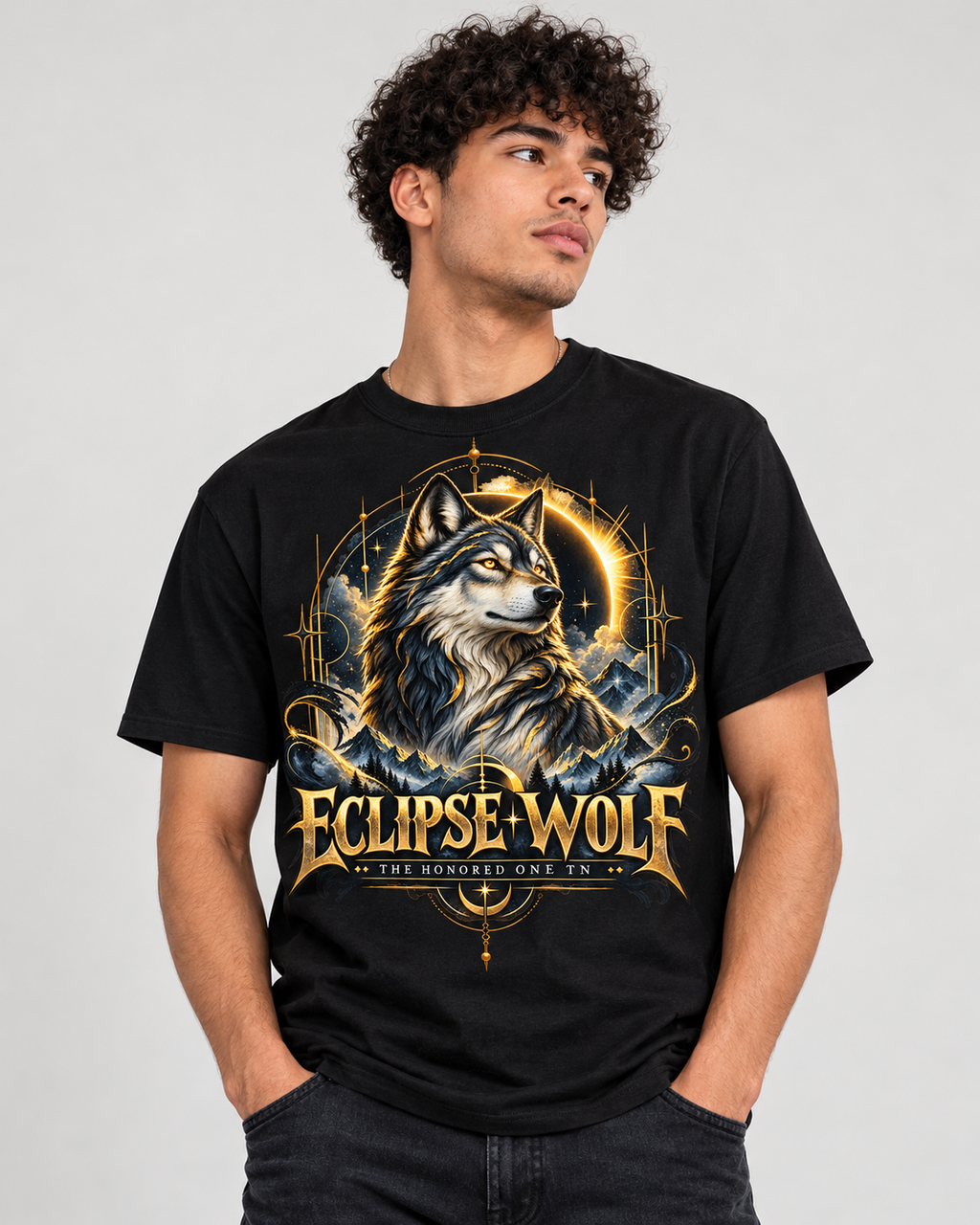 Eclipse Wolf Graphic Tee | Celestial Wolf Streetwear | Gildan 5000