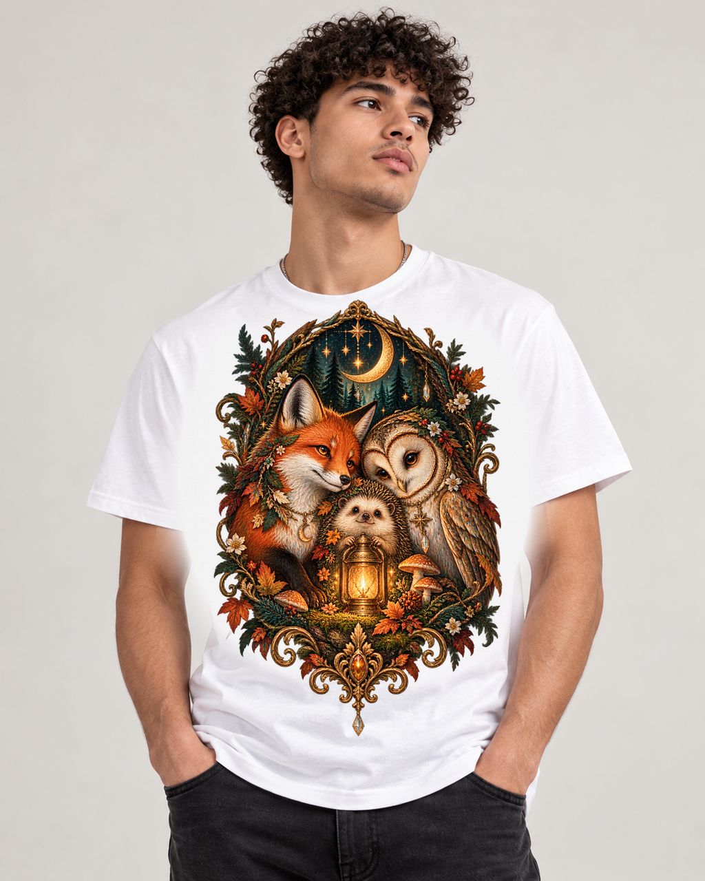 Moonlit Woodland Kin Graphic Tee | Fox Owl Hedgehog Forest Friends | Gildan 5000
