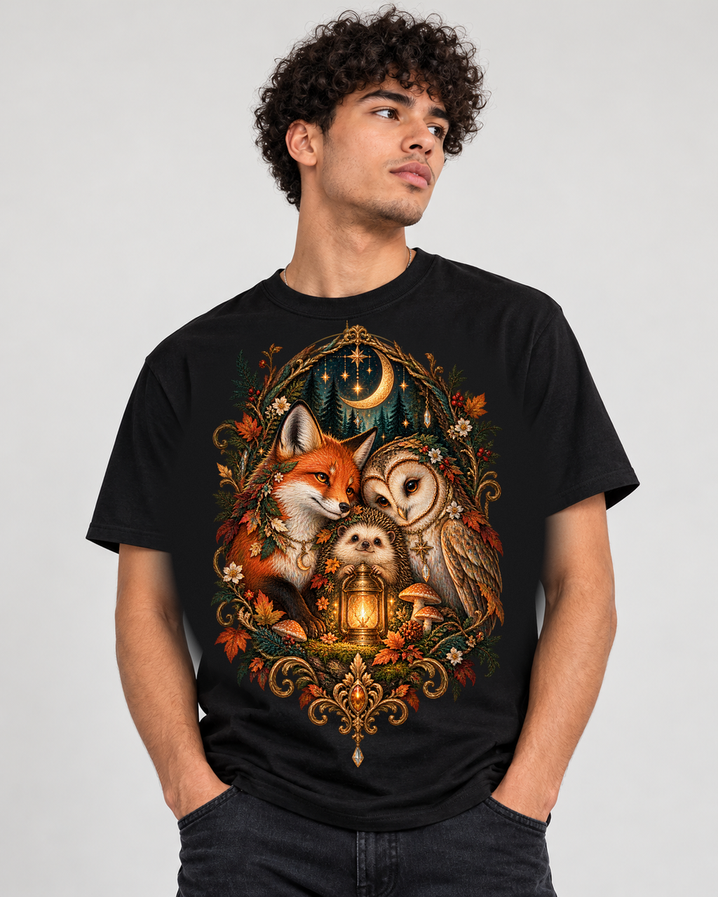 Moonlit Woodland Kin Graphic Tee | Fox Owl Hedgehog Forest Friends | Gildan 5000