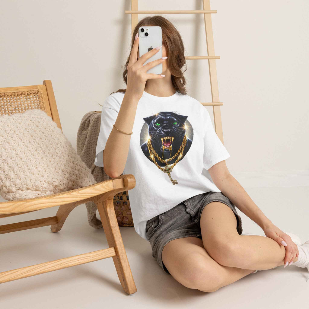 Luxury Black Panther Graphic Tee with Gold Chains & Key