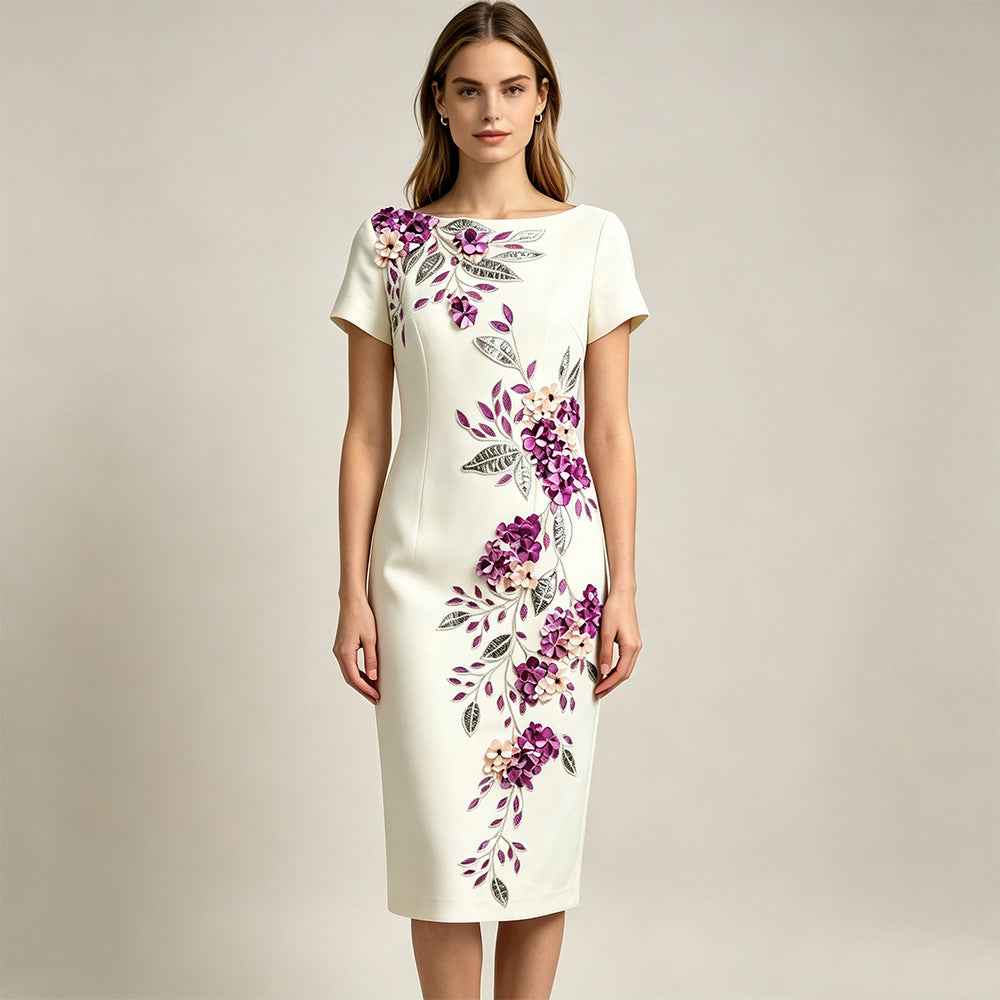 Floral Beaded Midi Dress - Slim Fit A-line Skirt