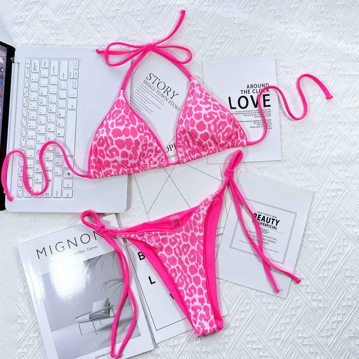 Leopard Print Halter Neck Bikini Set - Tie-In Style, Summer Ready