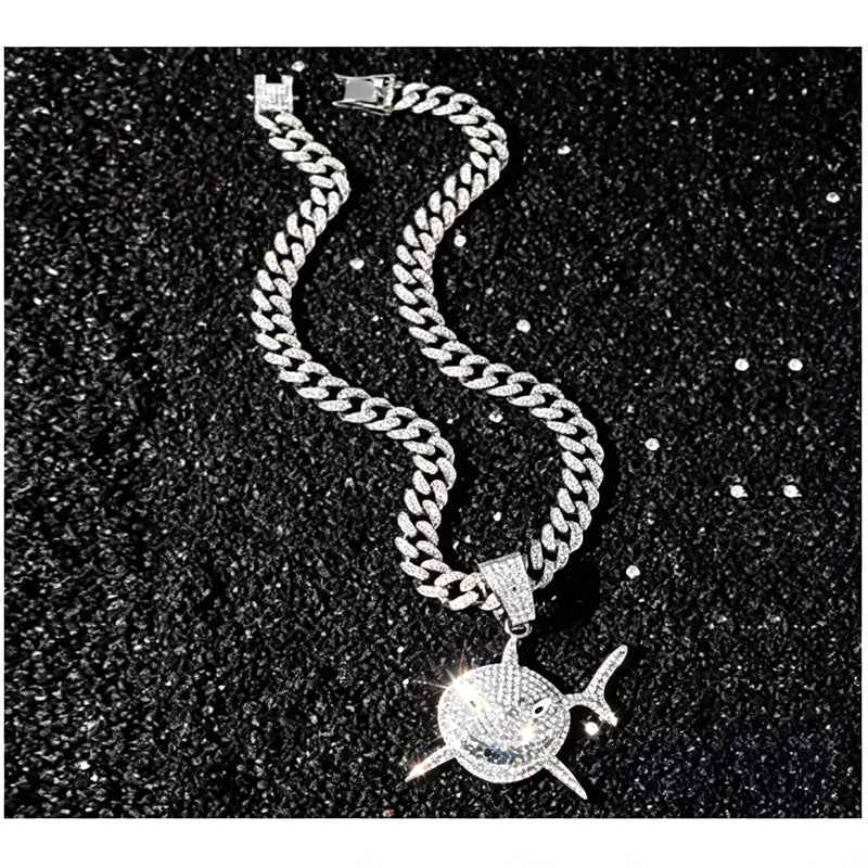 13mm Football Pendant Necklace, Shark Design with Diamonds