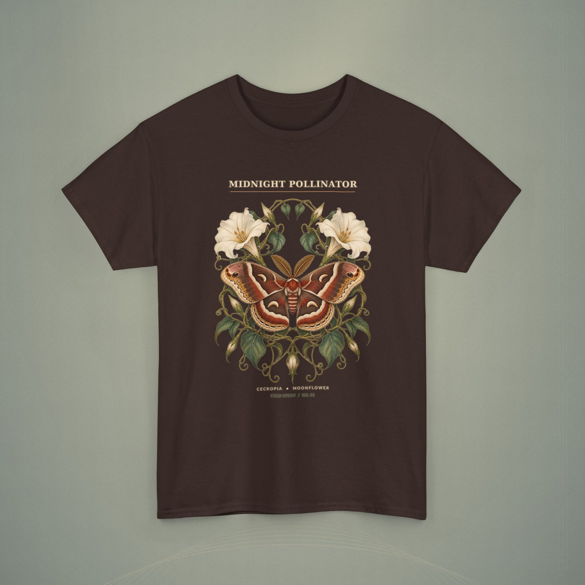 Midnight Pollinator Cecropia Moth & Moonflower Graphic Tee | Vintage Botanical Night Garden Shirt