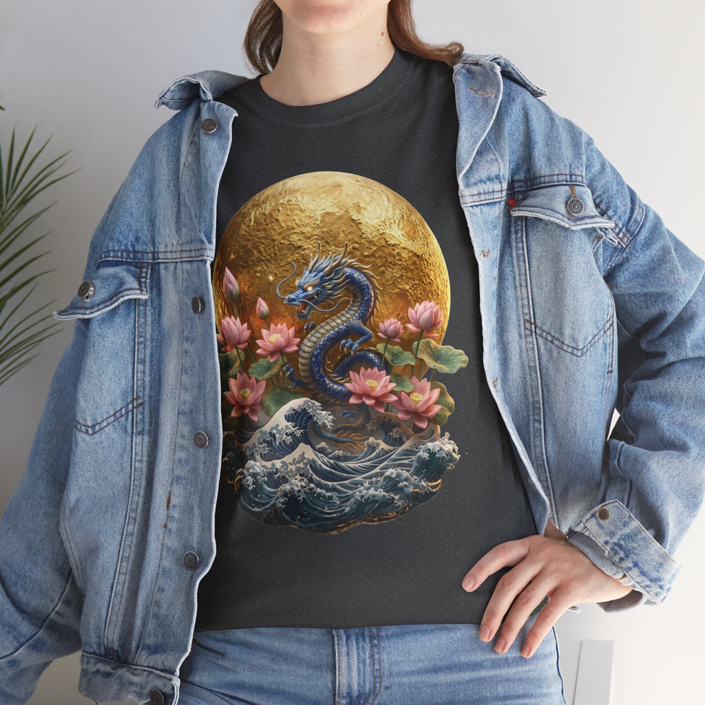Japanese Dragon & Lotus Moon Graphic Tee - Heavy Cotton Streetwear