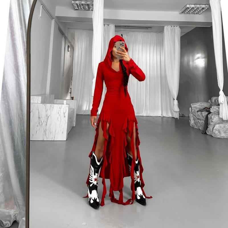 Hooded Long Sleeve Irregular Style Women's High Waist Dress