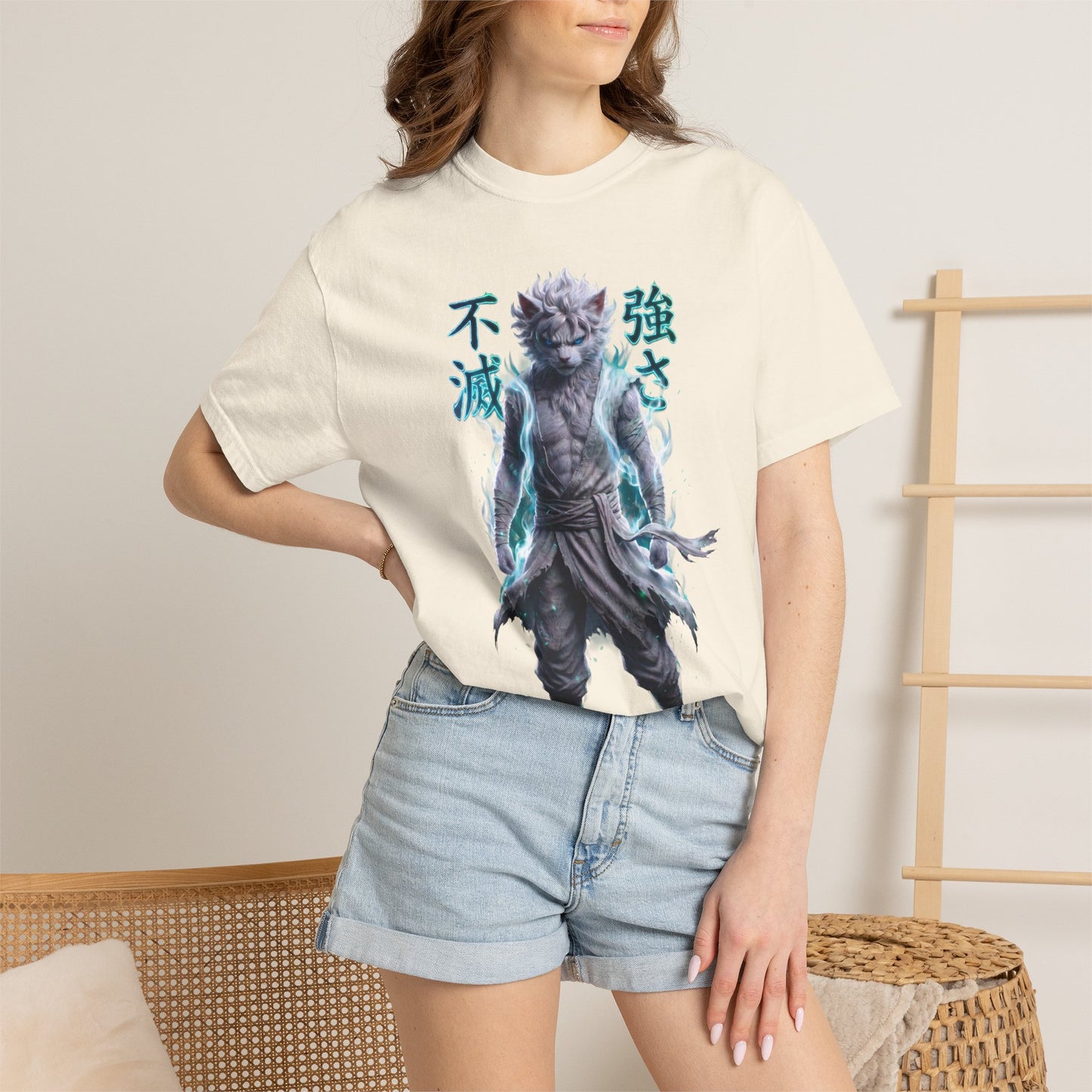 Y2K Cyberpunk Graphic Tee White Silver Cat Warrior Unisex Harajuku Style Streetwear Comfort Colors 1717 T-Shirt