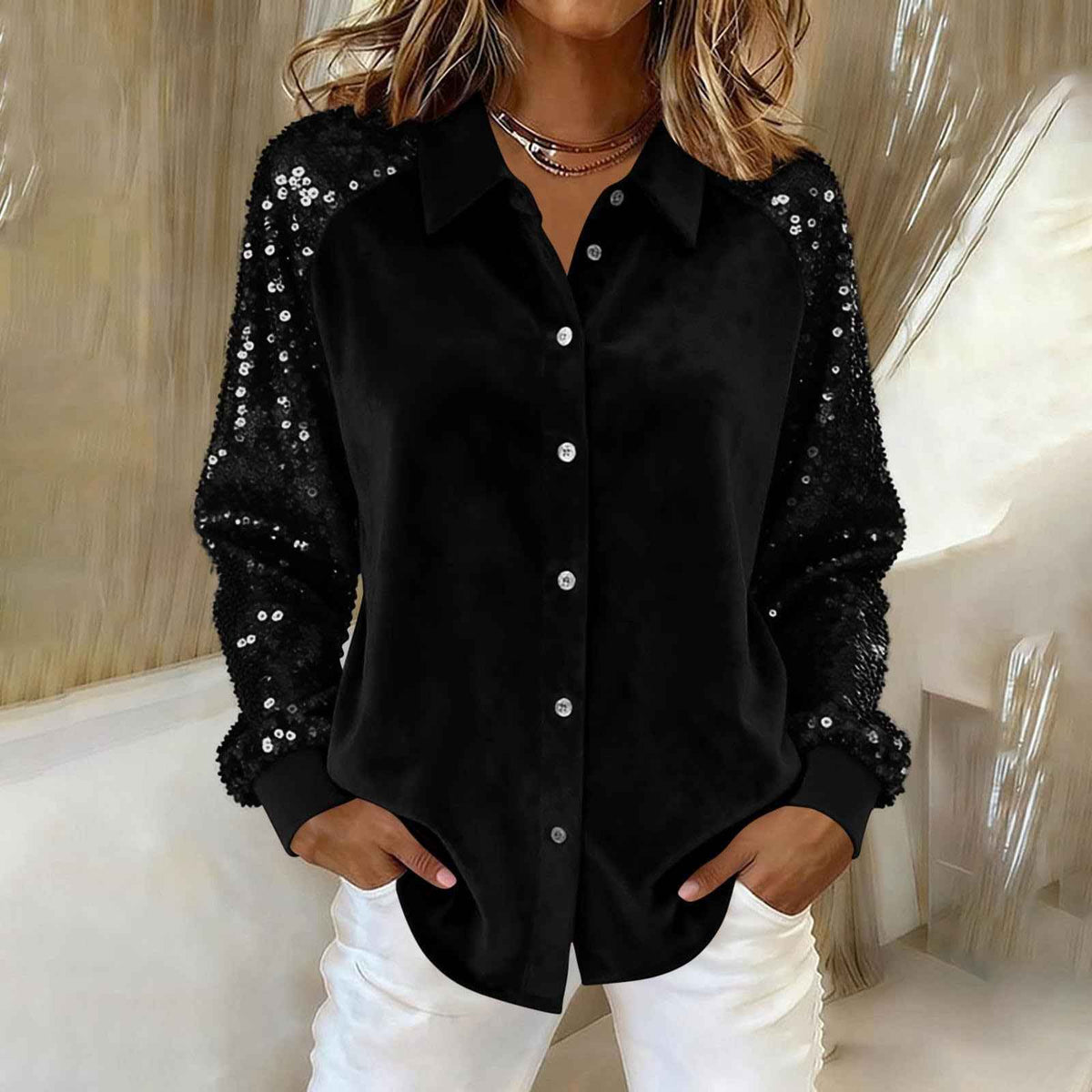 Women's Sequins Long Sleeve Button-Down Blouse - Fashion Statement for Women