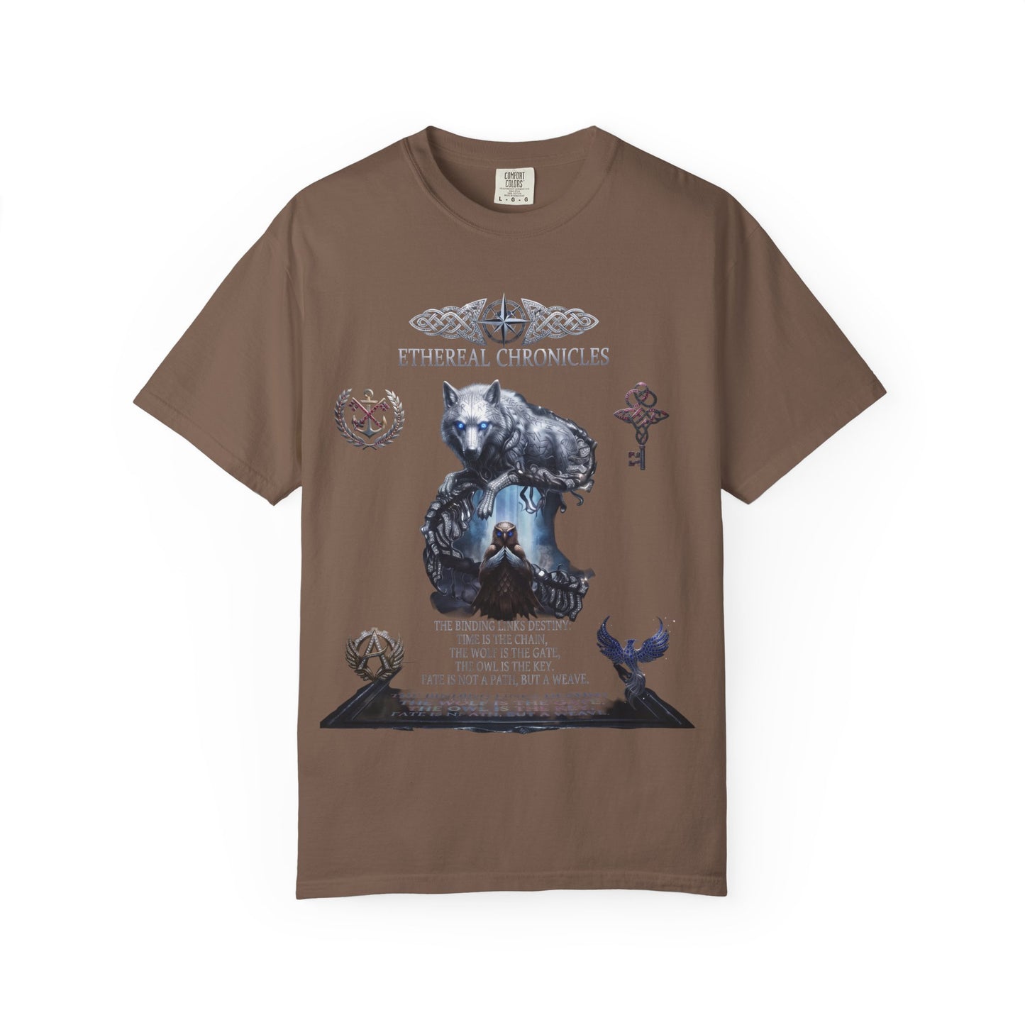 Ethereal Chronicles Graphic Tee | Mythical Wolf & Celestial Owl Shirts for Men & Women | Dark Fantasy Gothic Aesthetics Heavyweight Comfort Colors 1717 T-Shirt