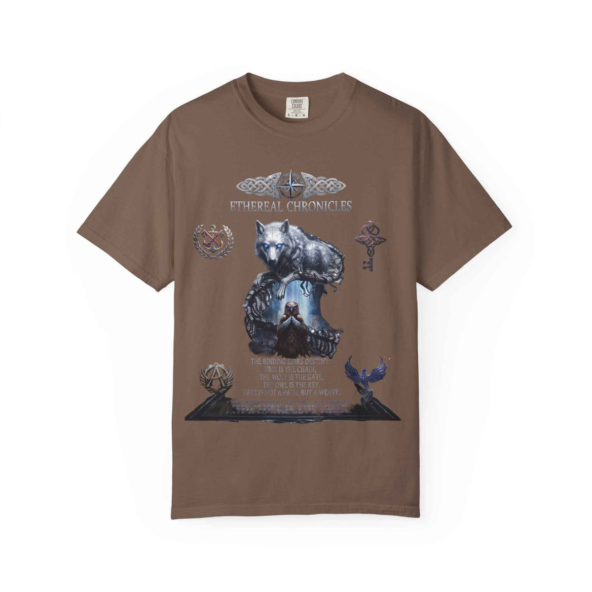Mythical Wolf & Celestial Owl Graphic Tee, Dark Gothic Heavyweight Unisex