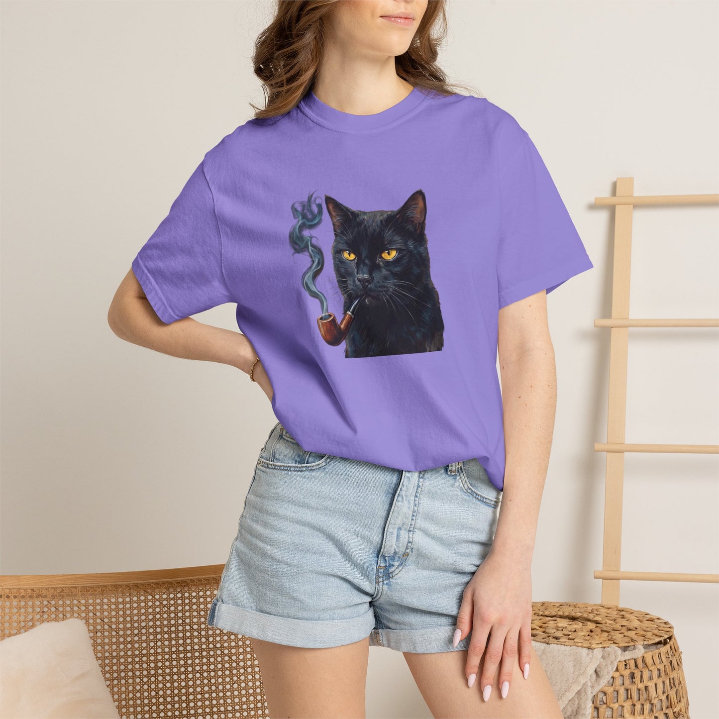 Smoking Cat Graphic T-Shirt — Retro Black Cat with Pipe Tee