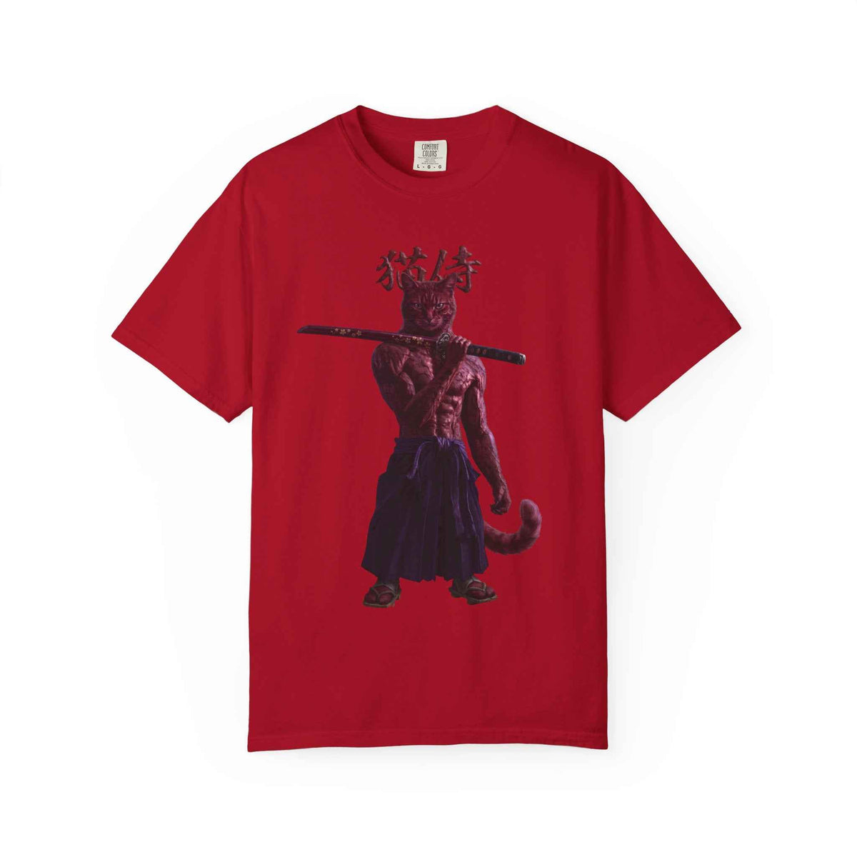 Heavyweight Vintage Red Samurai Cat Tee - Boxy Graphic Tee for Dark Aesthetic Fans