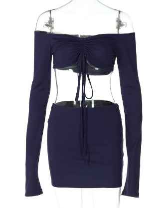 Y2K Drawstring Off Shoulder Two-Piece Set: Long Sleeve Top & Bodycon Skirt
