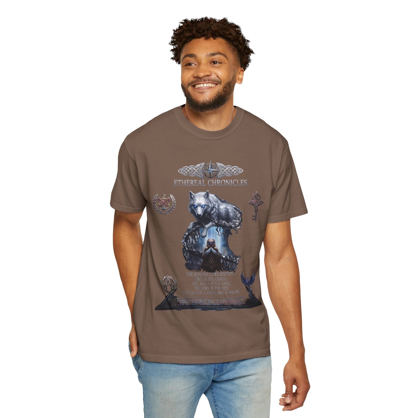 Ethereal Chronicles Graphic Tee | Mythical Wolf & Celestial Owl Shirts for Men & Women | Dark Fantasy Gothic Aesthetics Heavyweight Comfort Colors 1717 T-Shirt