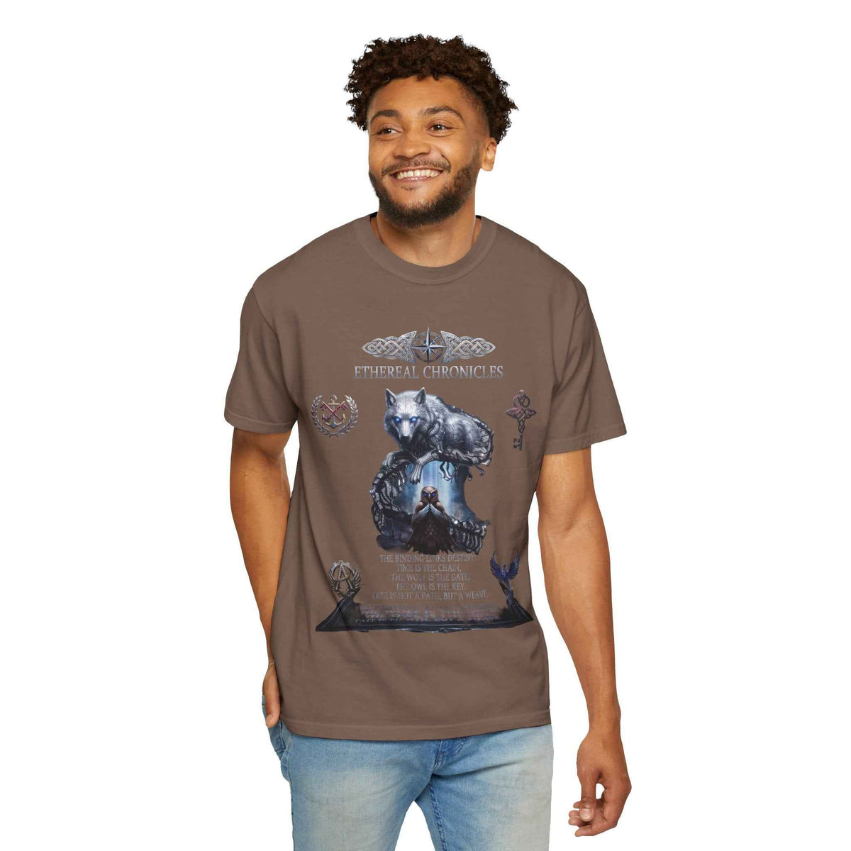 Mythical Wolf & Celestial Owl Graphic Tee, Dark Gothic Heavyweight Unisex