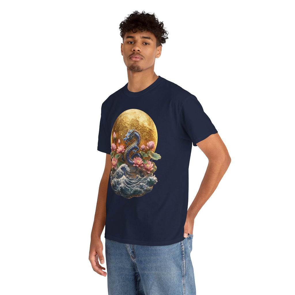 Japanese Dragon & Lotus Moon Graphic Tee - Heavy Cotton Streetwear
