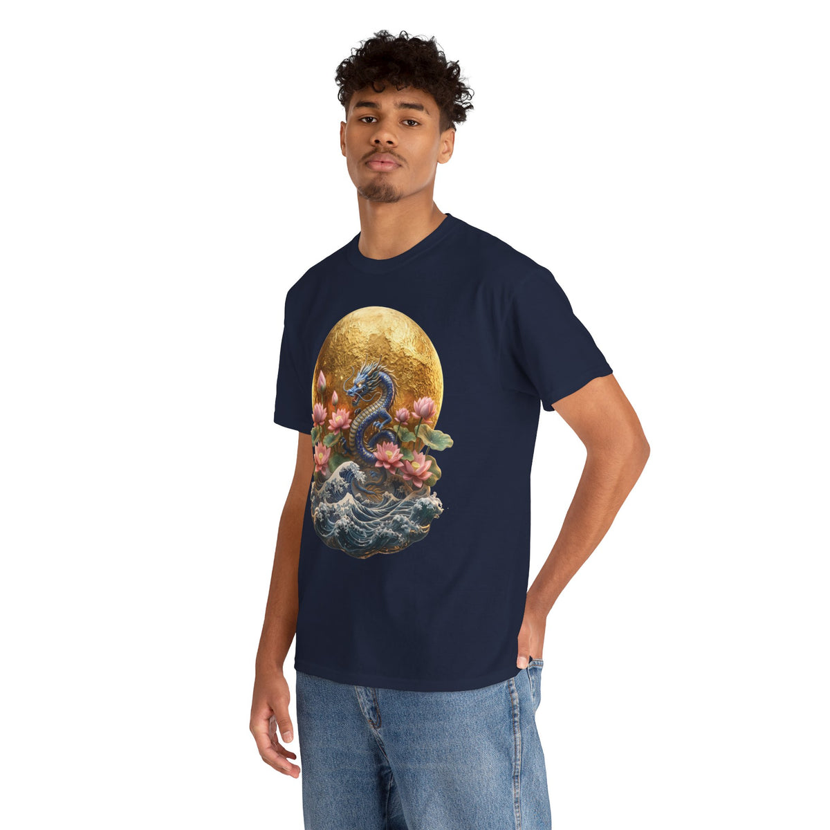Japanese Dragon & Lotus Moon Graphic Tee - Heavy Cotton Streetwear