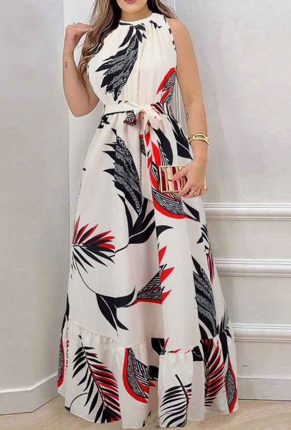Women's Plant Print Maxi Dress: A-Line Sleeveless Boho Style Summer Gown