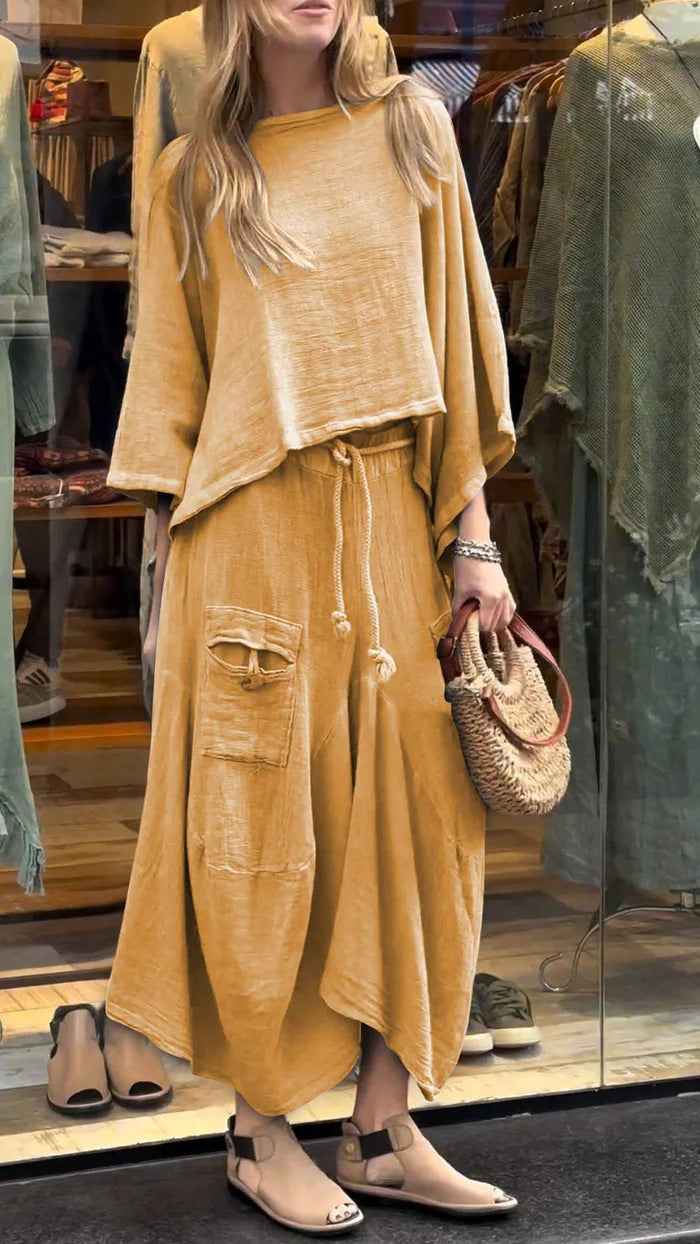 Yellow Comfy Pullover Top & Long Skirt Set - Effortless Casual Style