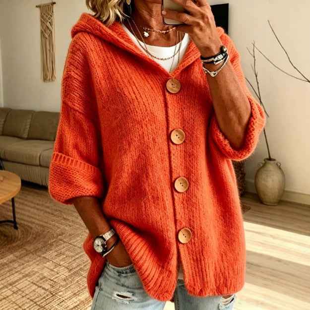Women's Solid Color Hooded Cardigan Sweater - Casual Loose Fit Knit Top