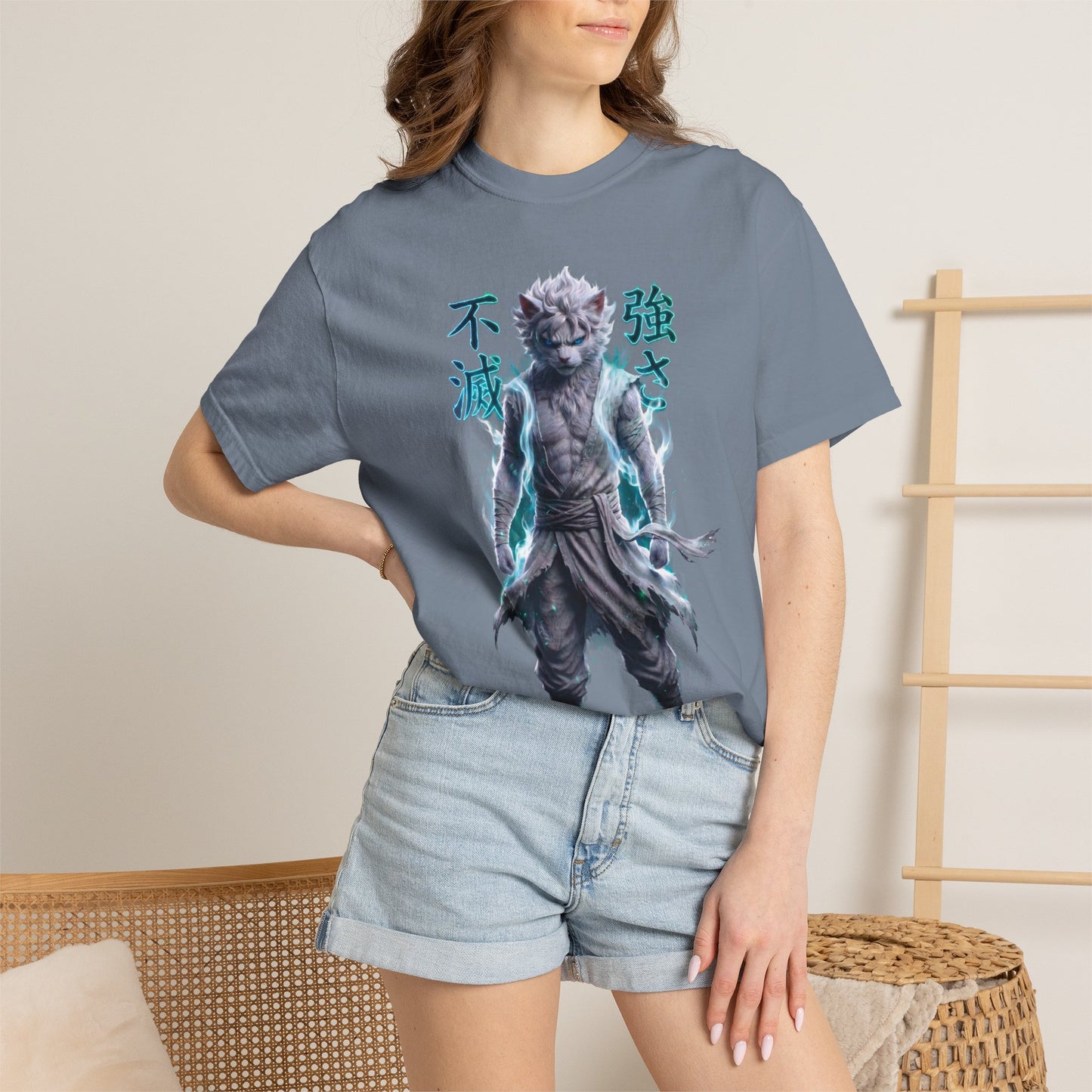 Y2K Cyberpunk Graphic Tee White Silver Cat Warrior Unisex Harajuku Style Streetwear Comfort Colors 1717 T-Shirt