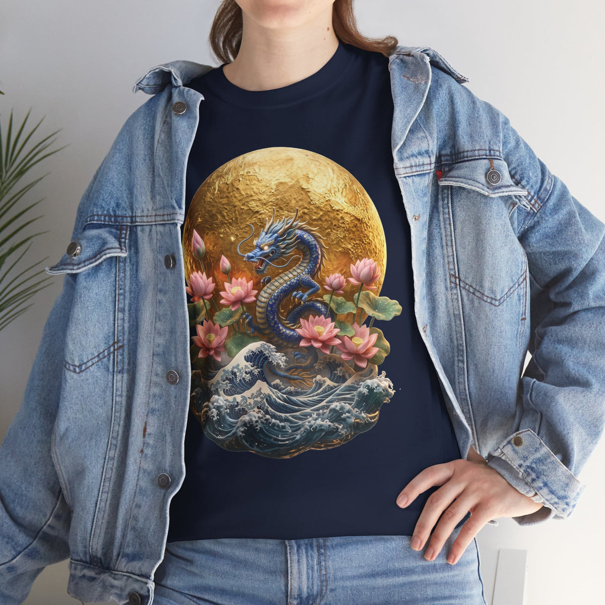 Japanese Dragon & Lotus Moon Graphic Tee - Heavy Cotton Streetwear