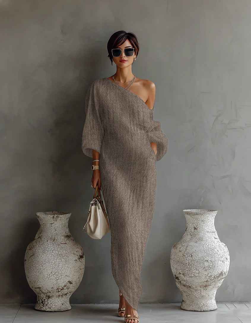 Irregular Off-shoulder Long Dress Fashion Elegant Long-sleeved Dresses Women's Beach Vacation Clothing