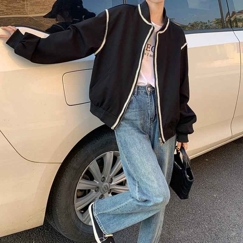Korean Simple Round Neck Baseball Jacket
