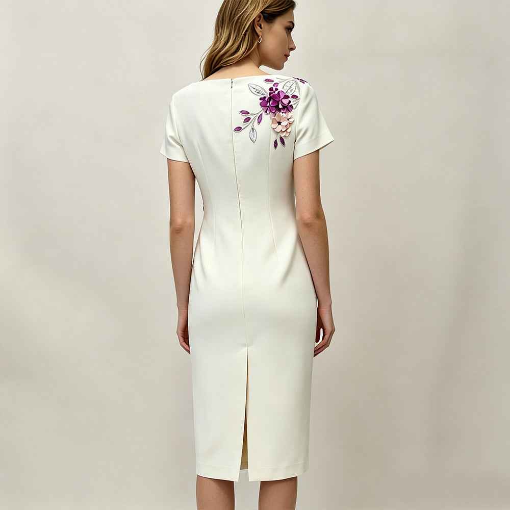 Floral Beaded Midi Dress - Slim Fit A-line Skirt