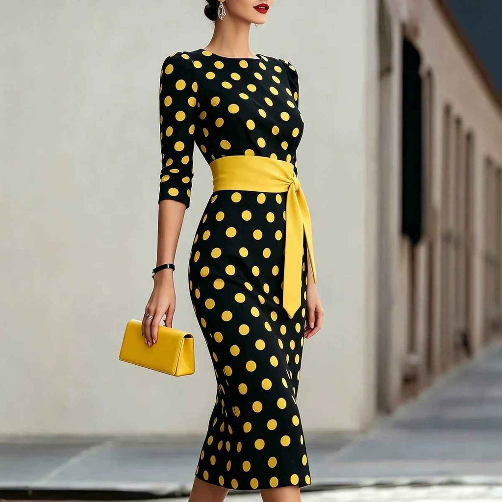 Elegant Polka Dot Midi Dress with Waist Belt - Formal & Office Wear
