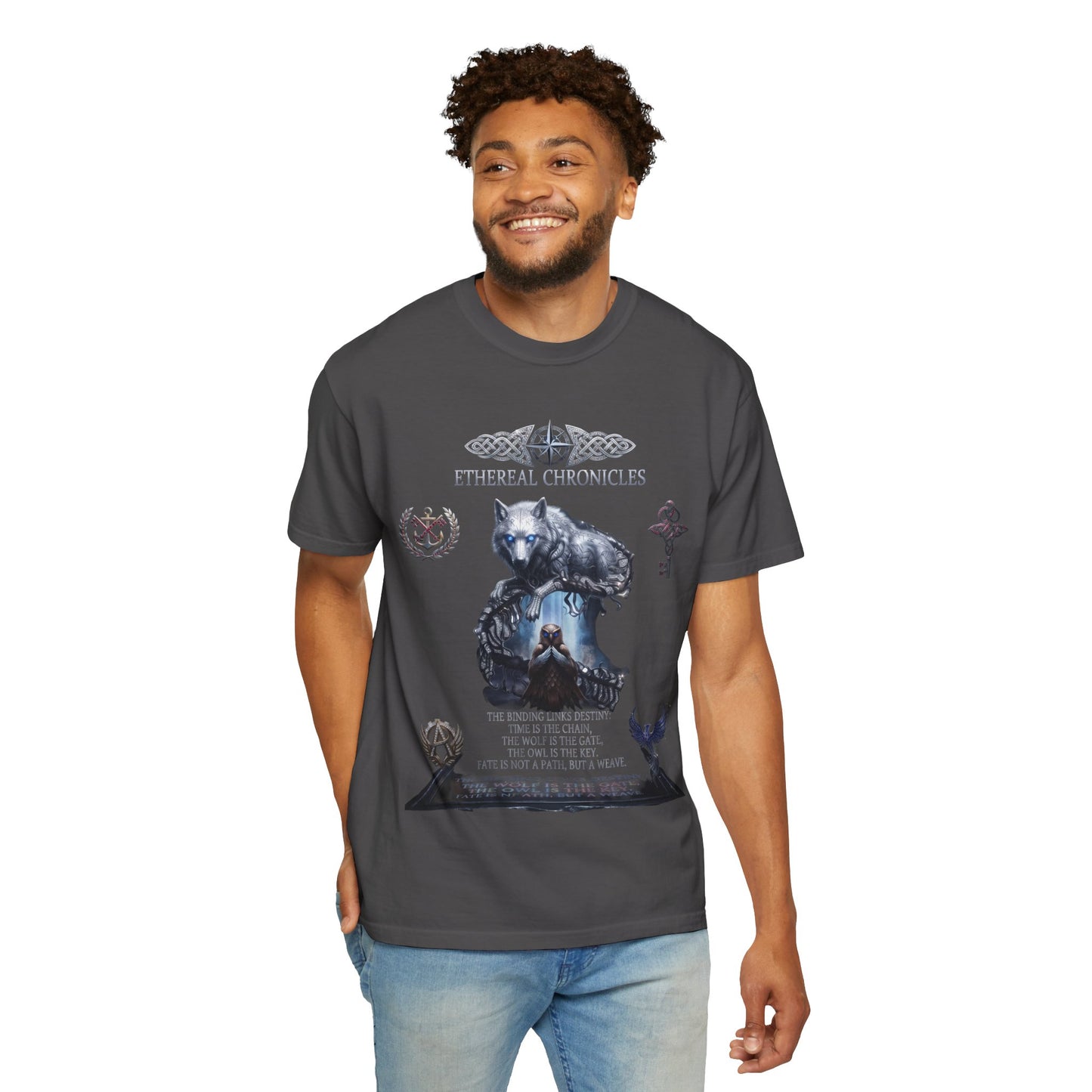 Ethereal Chronicles Graphic Tee | Mythical Wolf & Celestial Owl Shirts for Men & Women | Dark Fantasy Gothic Aesthetics Heavyweight Comfort Colors 1717 T-Shirt