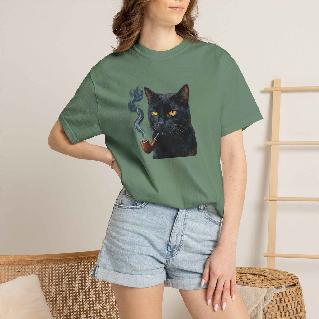 Smoking Cat Graphic T-Shirt — Vintage Noir Cat with Pipe Tee