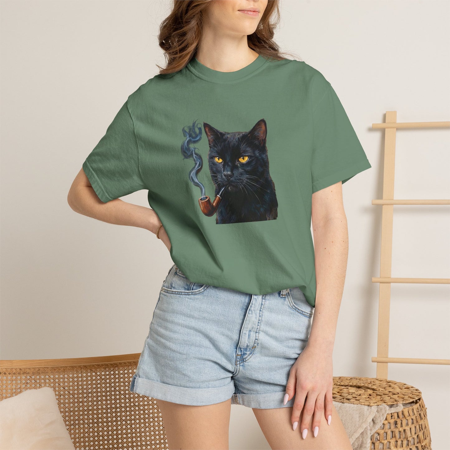 Smoking Cat Graphic T-Shirt — Retro Black Cat with Pipe Tee