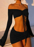 Y2K Drawstring Off Shoulder Two-Piece Set: Long Sleeve Top & Bodycon Skirt