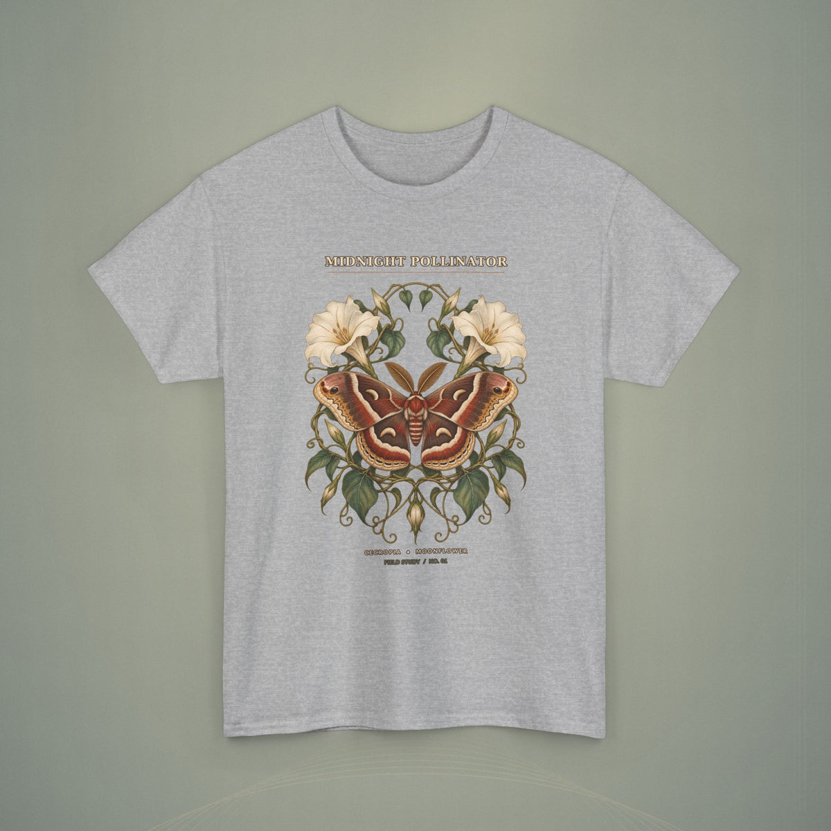 Midnight Pollinator Cecropia Moth & Moonflower Graphic Tee | Vintage Botanical Night Garden Shirt