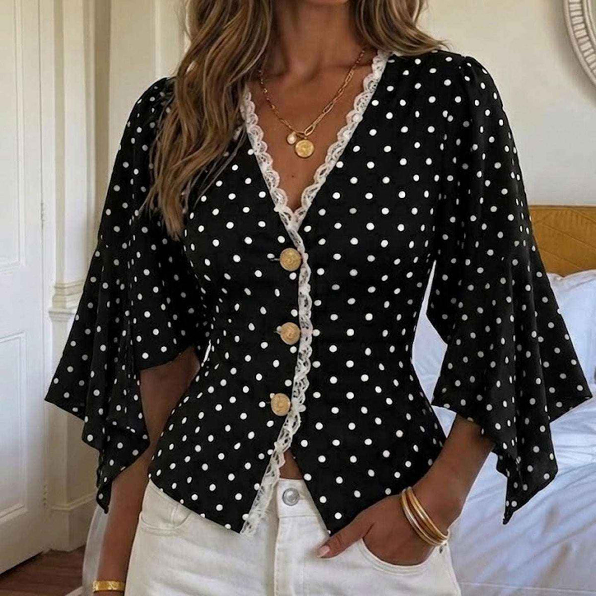 French-Style Vintage Chic Wave Polka Dot T-Shirt