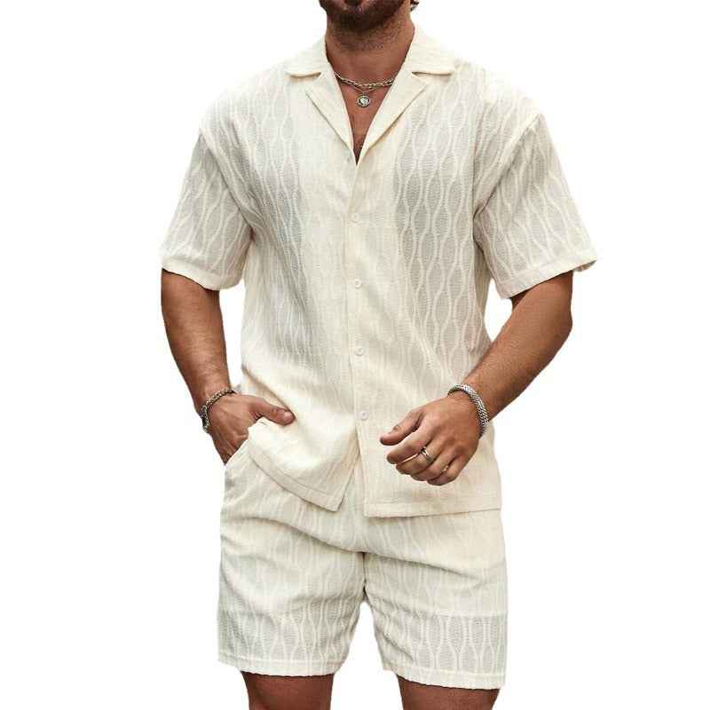 Vintage Wavy Jacquard Two-Piece Set - Lightweight Short Sleeve Button Up Shirt & Shorts Casual Urban Co-ord Outfits
