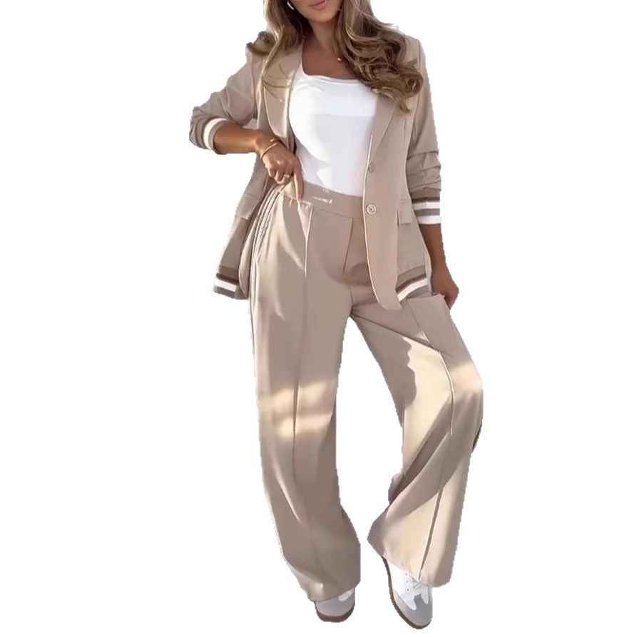 Khaki Blazer & Wide-Leg Trousers Suit Set - Professional & Comfortable