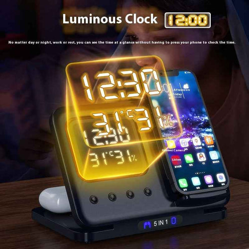15W Wireless Charging Stand 5-in-1 Alarm Clock: Multi-Device Fast Charger
