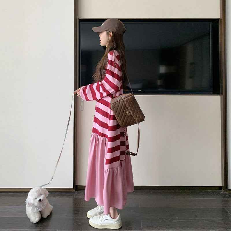 Maternity Striped Patchwork Sweatshirt Dress - Comfortable & Stylish