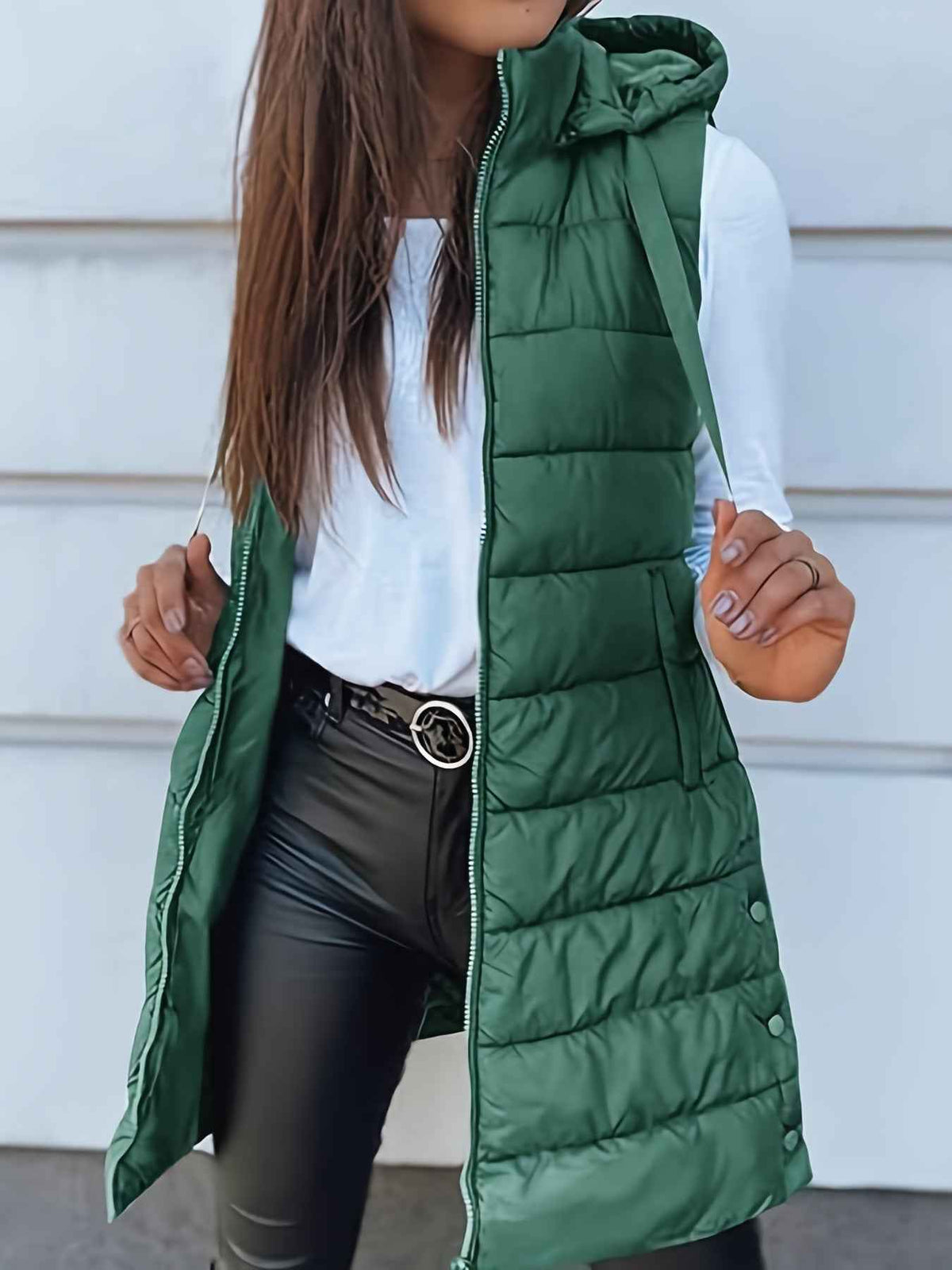 Solid Color Hooded Quilted Cotton Vest Coat with Zipper