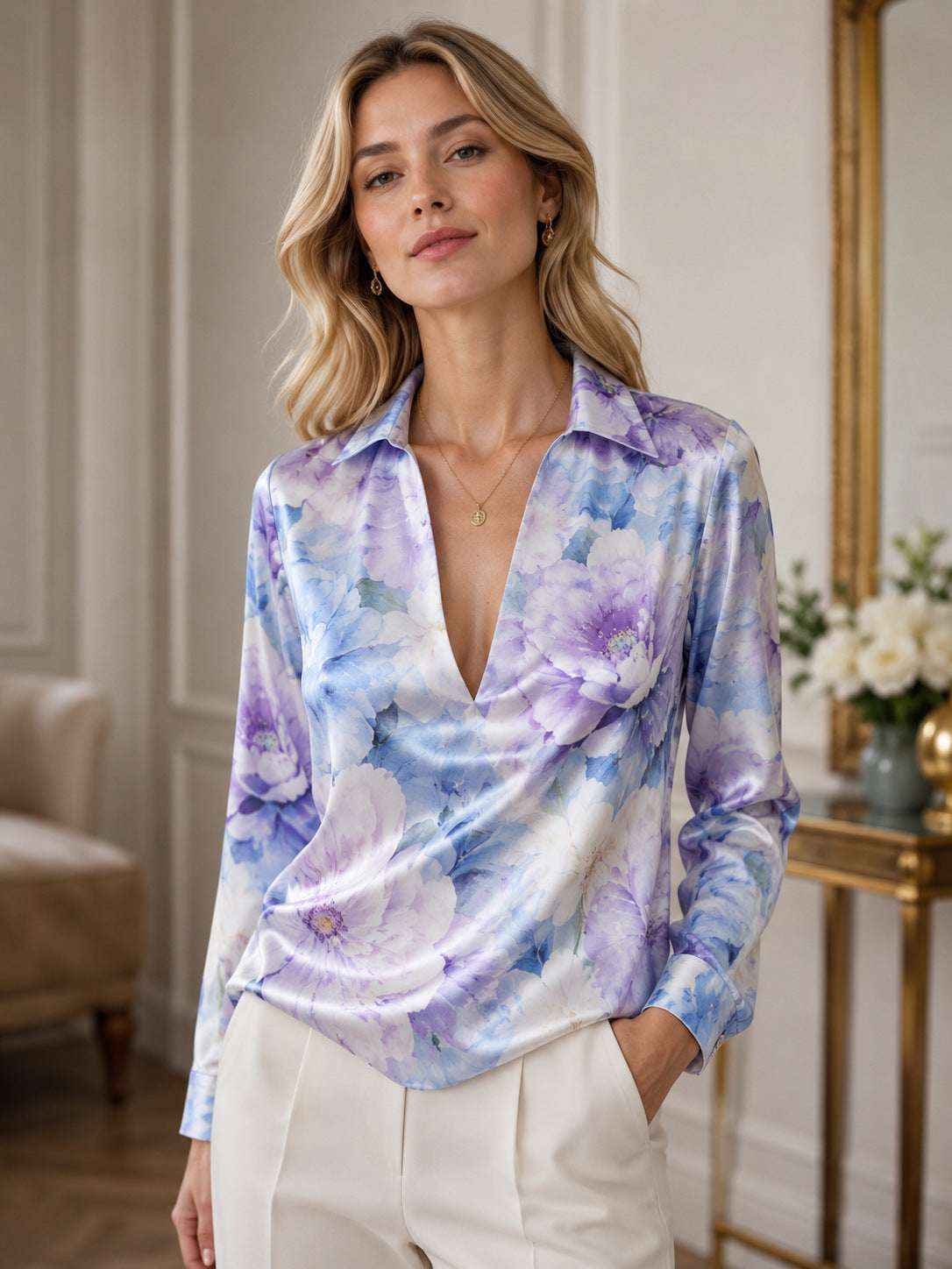 Retro Ink-Wash Floral Lapel Deep-V Satin Blouse - Elegant Vintage Piece