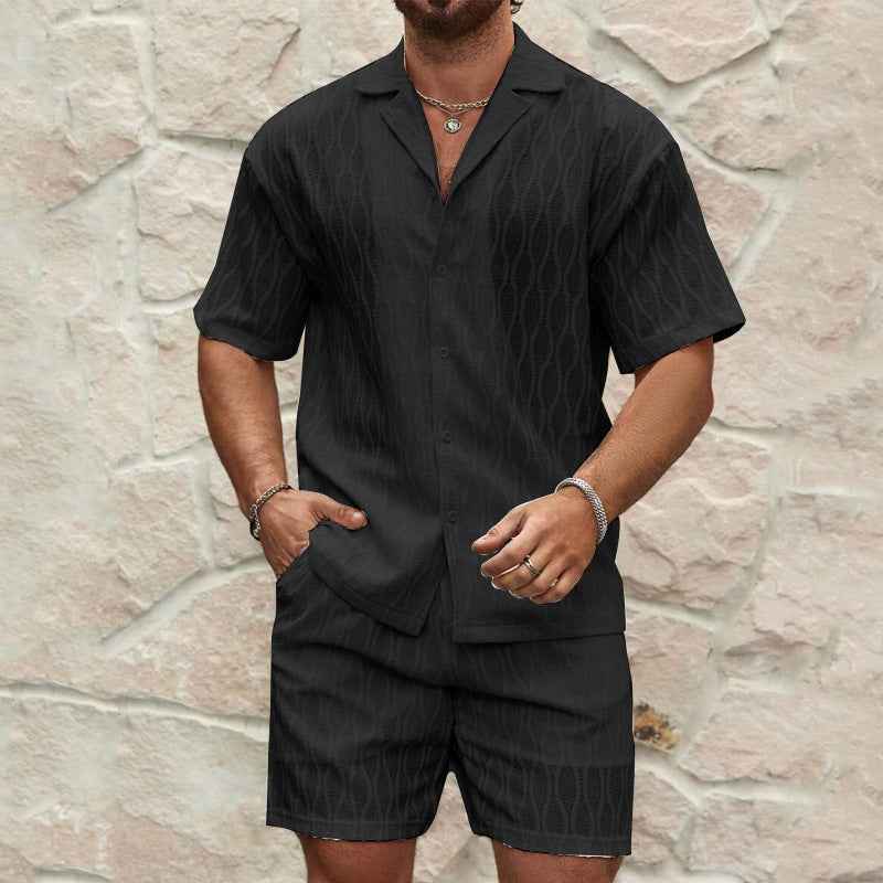 Vintage Wavy Jacquard Two-Piece Set - Lightweight Short Sleeve Button Up Shirt & Shorts Casual Urban Co-ord Outfits