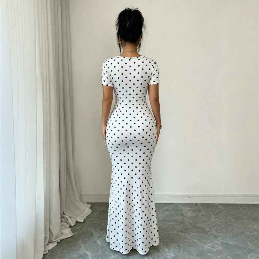 Womens Cinched-waist Fishtail Polka-dot Dress