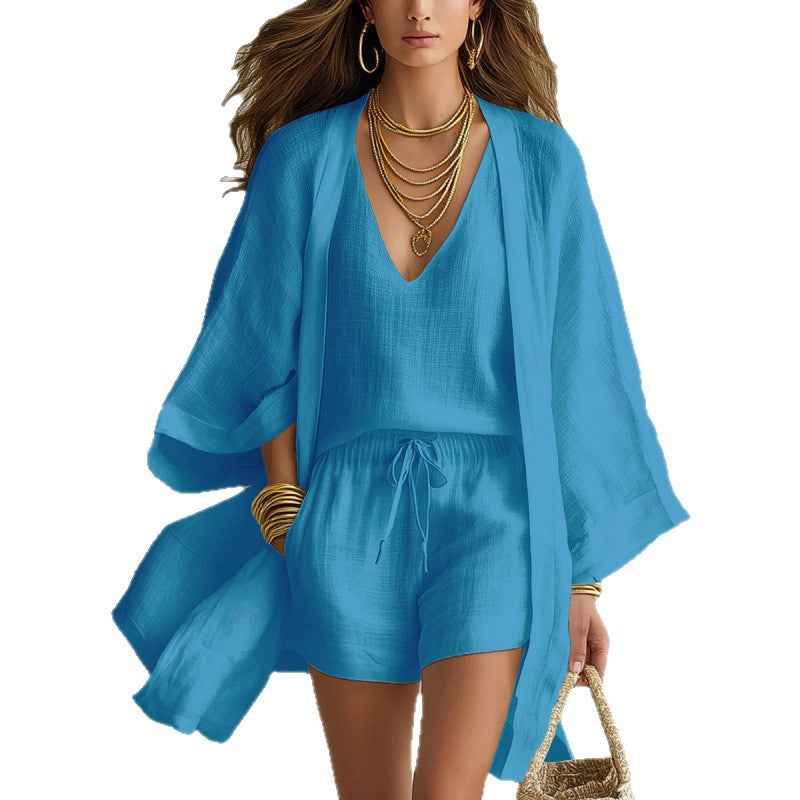 Women's 3-Piece Casual Set: Sleeveless Vest, Cardigan, Shorts