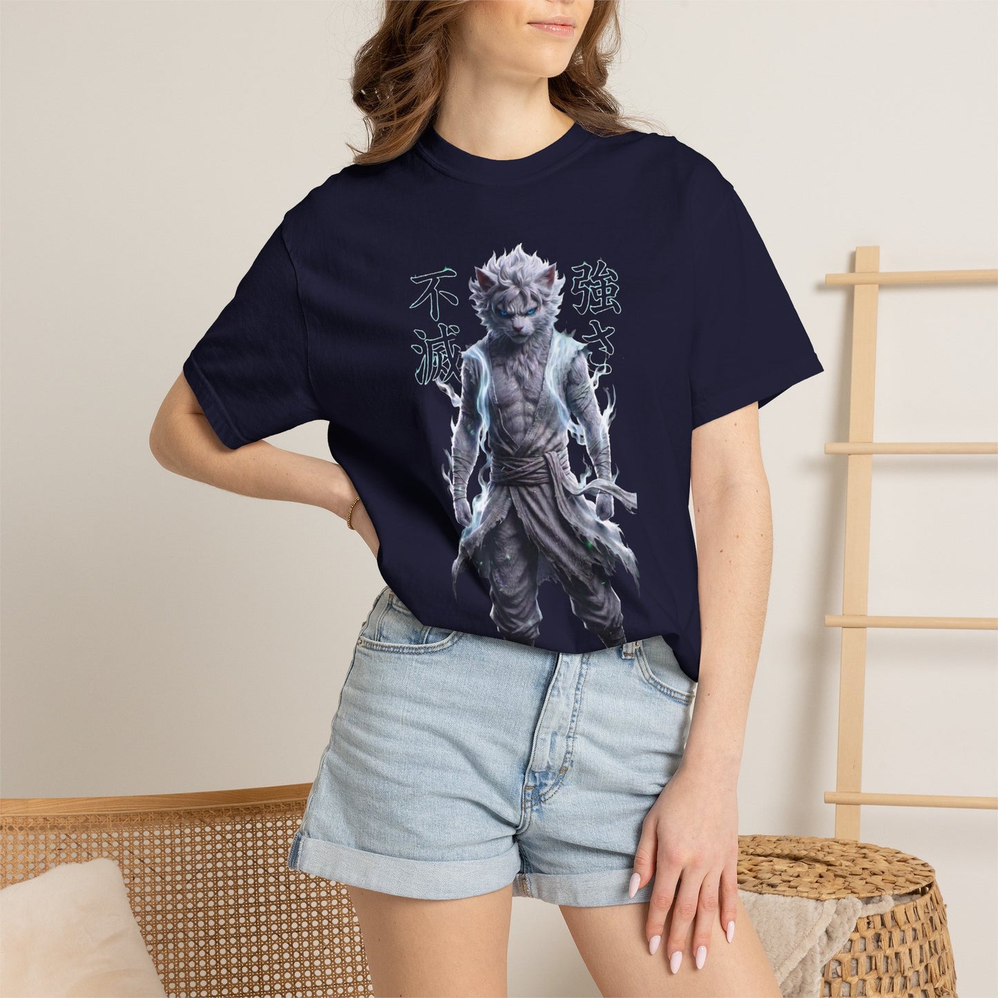 Y2K Cyberpunk Graphic Tee White Silver Cat Warrior Unisex Harajuku Style Streetwear Comfort Colors 1717 T-Shirt